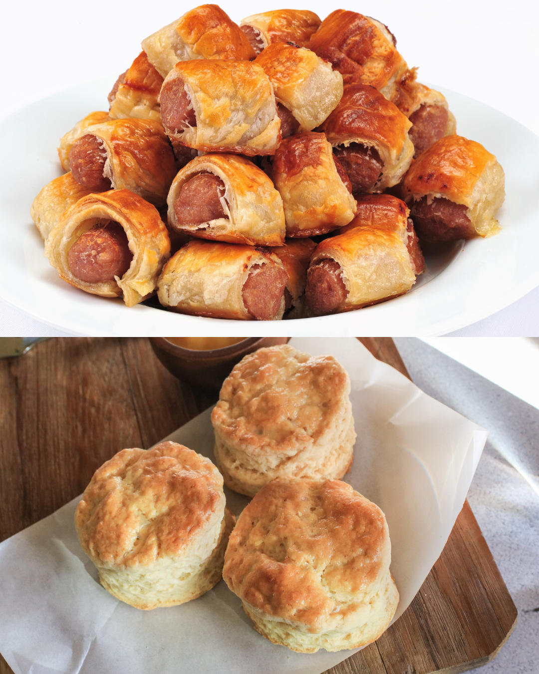A bowl of breakfast sausage wrapped in flaky pastry and three homemade biscuits on parchment paper.