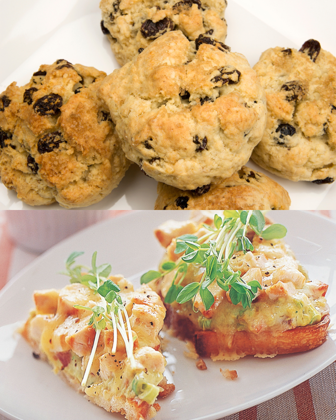Top half shows a plate of chocolate chip cookies. Bottom half shows a plate with two pieces of a baked dish, possibly savory bread pudding or casserole, garnished with microgreens.