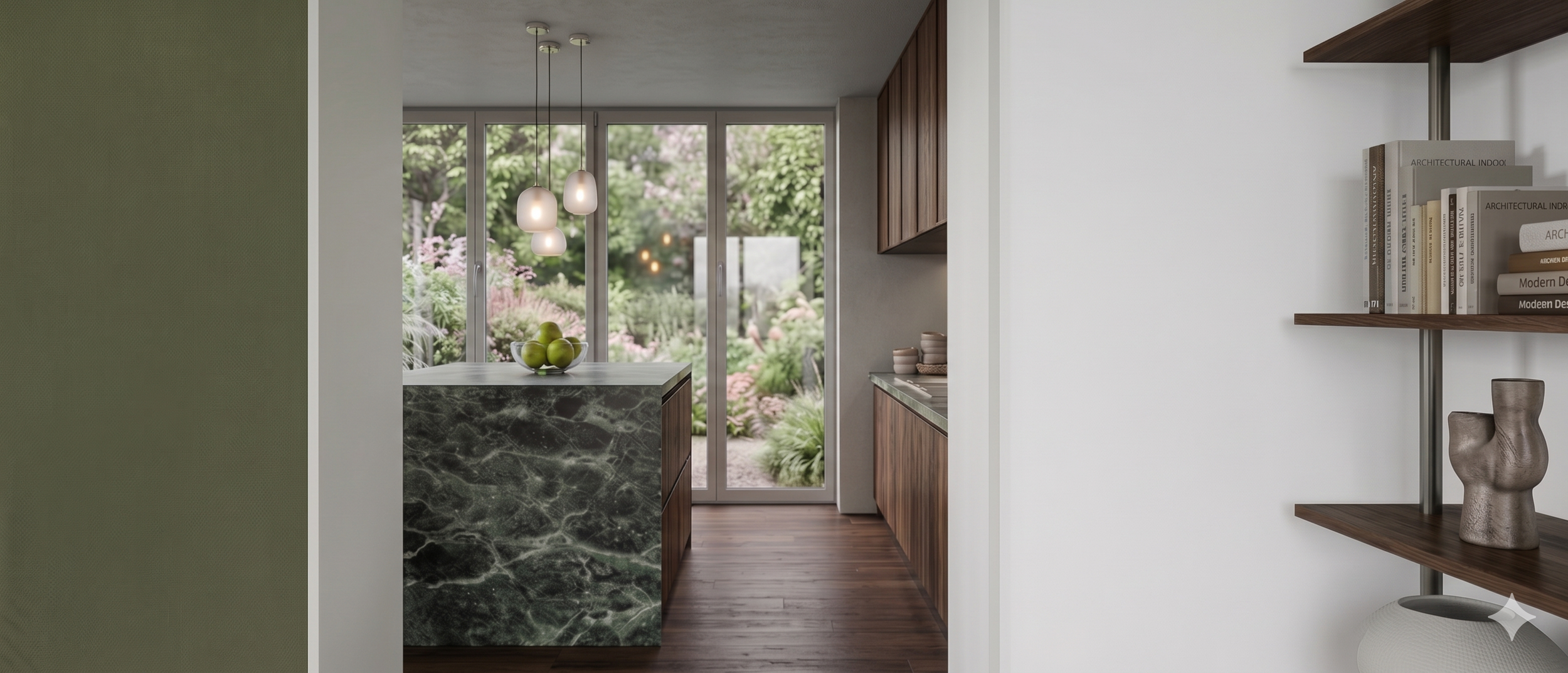 Intérieur d'une cuisine moderne avec un îlot en marbre vert foncé, des fenêtres donnant sur un jardin fleuri, et des étagères en bois avec des livres et des vases.