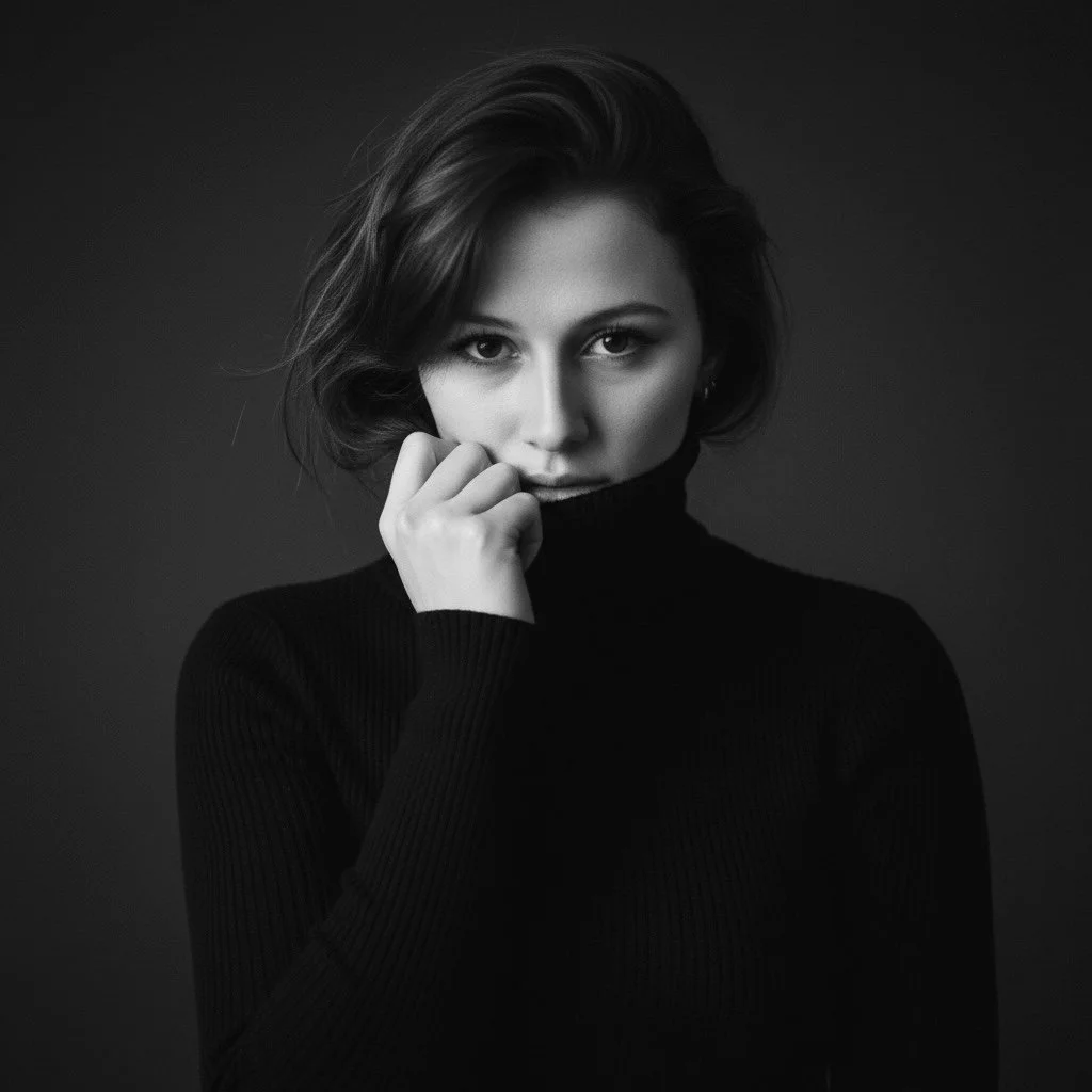 Portrait en noir et blanc d'une jeune femme , portant un pull à col roulé, regardant fixement l'objectif avec une expression sérieuse.