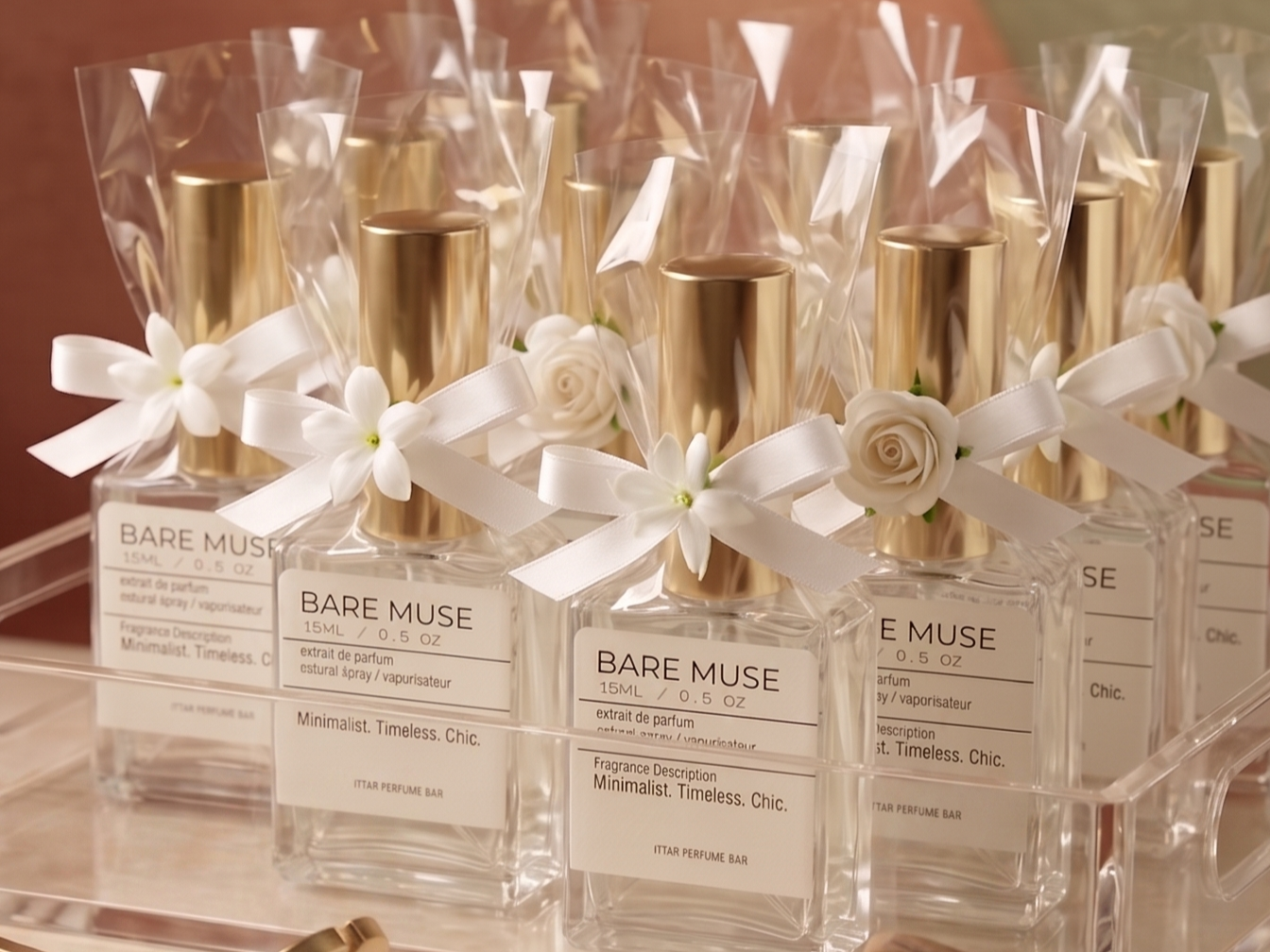Multiple bottles of Bare Muse perfume with gold caps, decorated with white ribbons and small white flowers, arranged on a display tray.