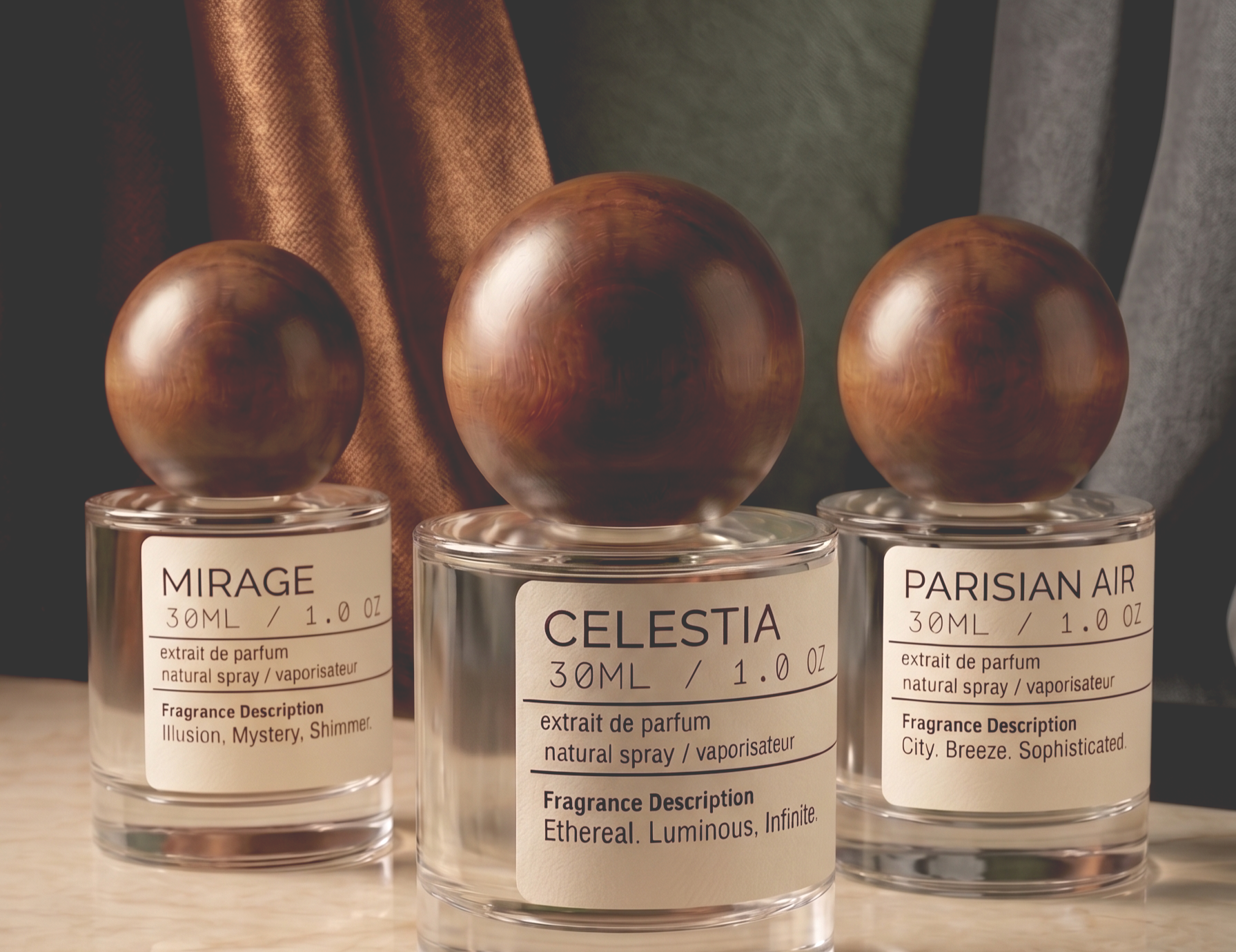Close-up of three perfume bottles with spherical wooden caps, labeled 'Mirage,' 'Celestia,' and 'Parisian Air,' featuring minimalist white labels with black text.