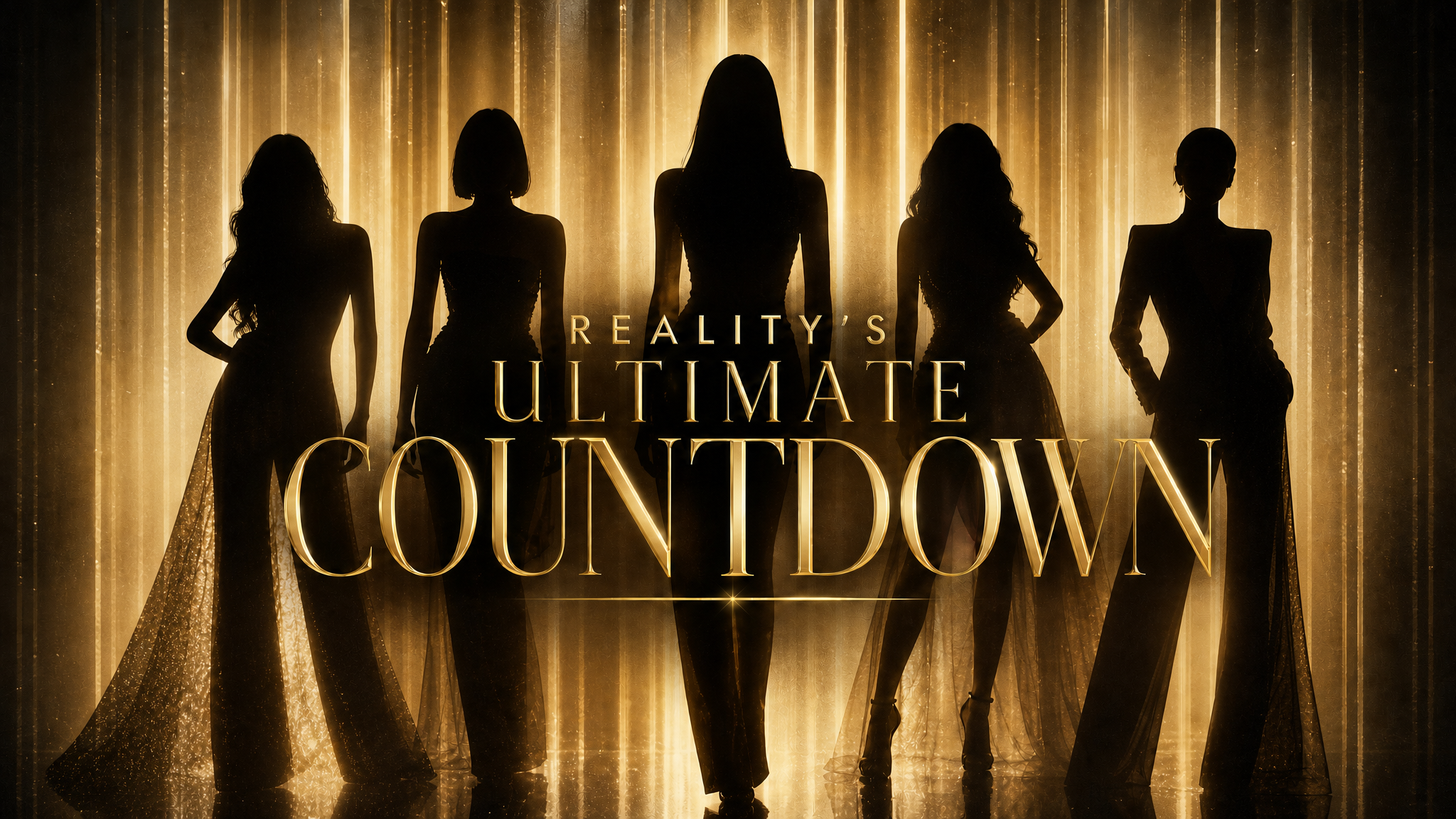 Silhouettes of five women in glamorous dresses standing on stage with golden lights and curtains, with text "Reality's Ultimate Countdown" in front.