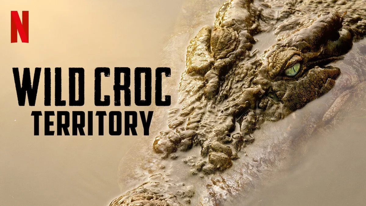 Close-up of a crocodile's face showing its eye and textured scales, with the text "Wild Croc Territory" and the Netflix logo in the top left corner.