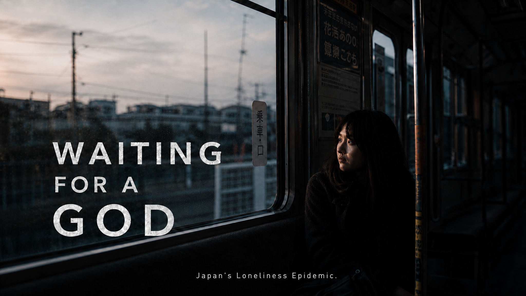 A woman sitting alone inside a bus or train, looking out the window at an urban landscape during sunset. The window features text that reads 'WAITING FOR A GOD' and 'Japan's Loneliness Epidemic.'