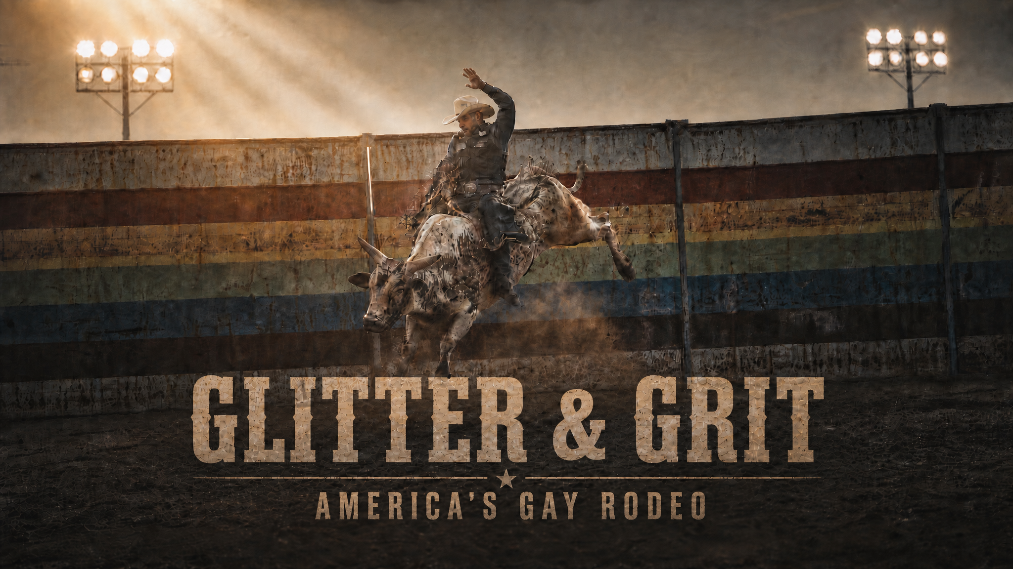 A rodeo scene with a cowboy riding a bucking bull under bright stadium lights, with a rainbow striped banner in the background. Overlaid text reads 'GALLERY & ART' and 'AMERICA'S GAY RODEO'.
