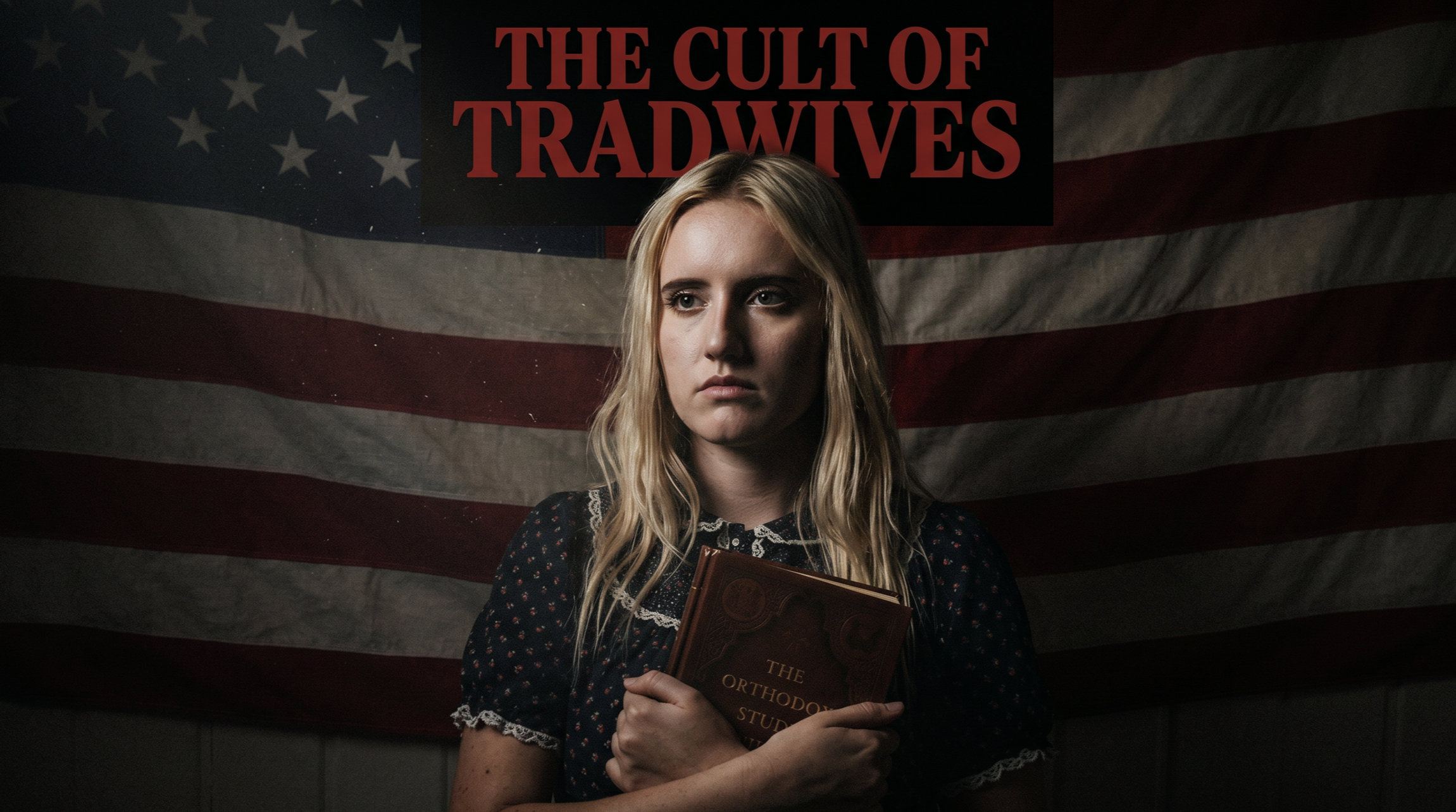 A young woman with blonde hair stands in front of an American flag holding a book titled 'The Orthodox Study Bible.' The photo is dark and has red text 'The Cult of Tradwives' written above her head.