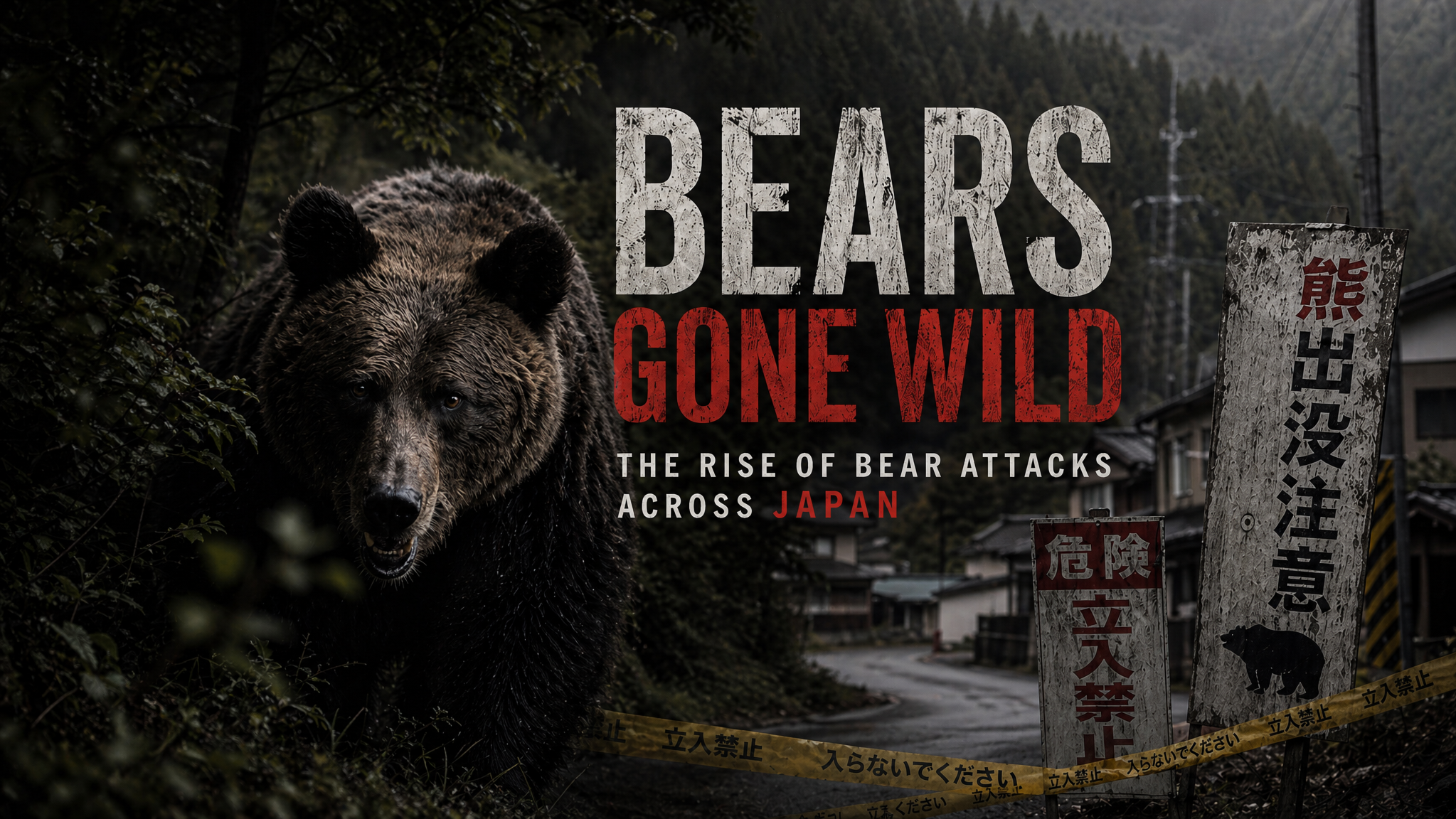 A bear standing on a street in Japan with warning signs, yellow police tape, trees, and buildings in the background.
