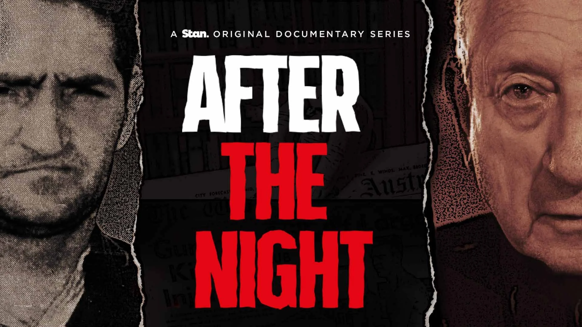 Cover image for a documentary series titled "After the Night" featuring black-and-white photos of a man on the left and a woman on the right, with torn paper effect and text overlaid.