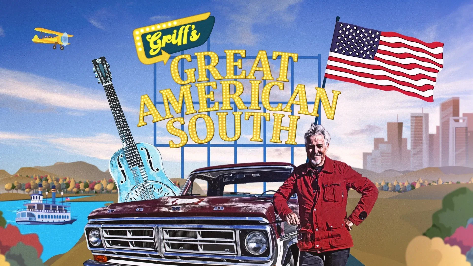Promotional image for Griff's Great American South featuring a man in a red jacket standing in front of a vintage car, a guitar, an American flag, a cityscape, a river cruise boat, a biplane, and a mountainous background.