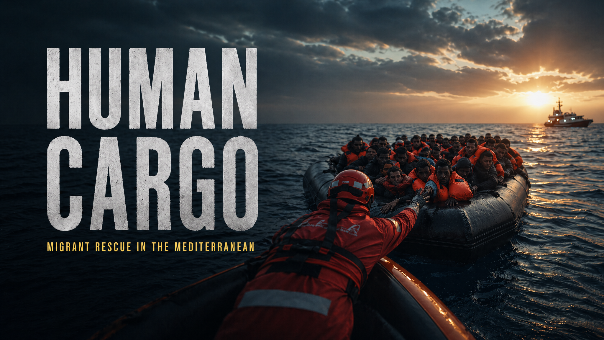 A group of migrants wearing orange life jackets on a black inflatable boat during a rescue operation in the Mediterranean Sea at sunset, with a rescue ship visible in the distance.