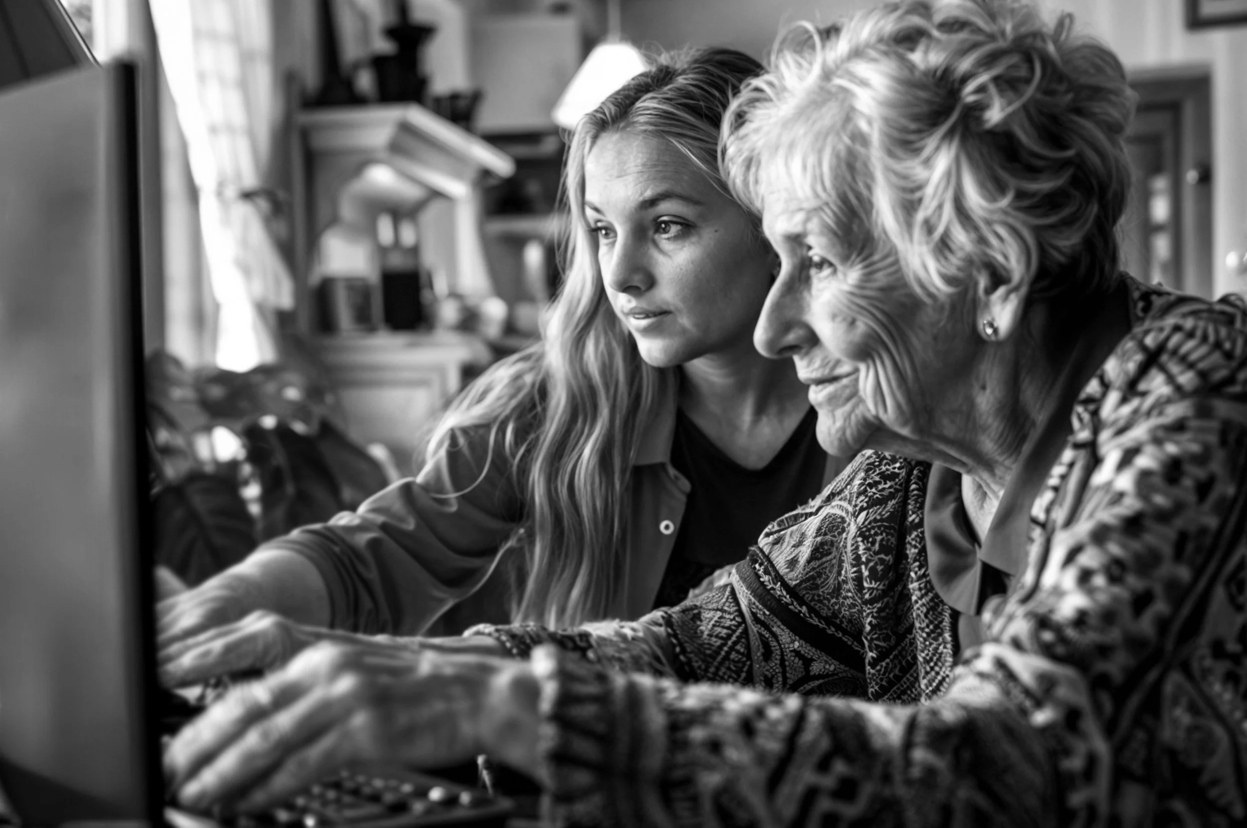 Zwei Frauen, eine jüngere und eine ältere, sitzen gemeinsam vor einem Computerbildschirm und schauen konzentriert auf den Monitor.