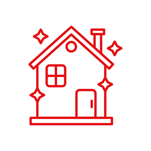 Illustration eines Hauses mit Fenster, Tür, Schornstein und glänzenden Sternen