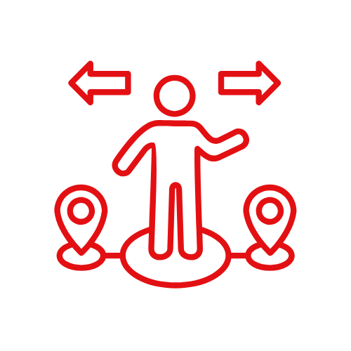 Symbol für Standortwechsel oder Navigation, mit einer Person inmitten, die nach links und rechts zeigt, und zwei Standortmarkierungen.