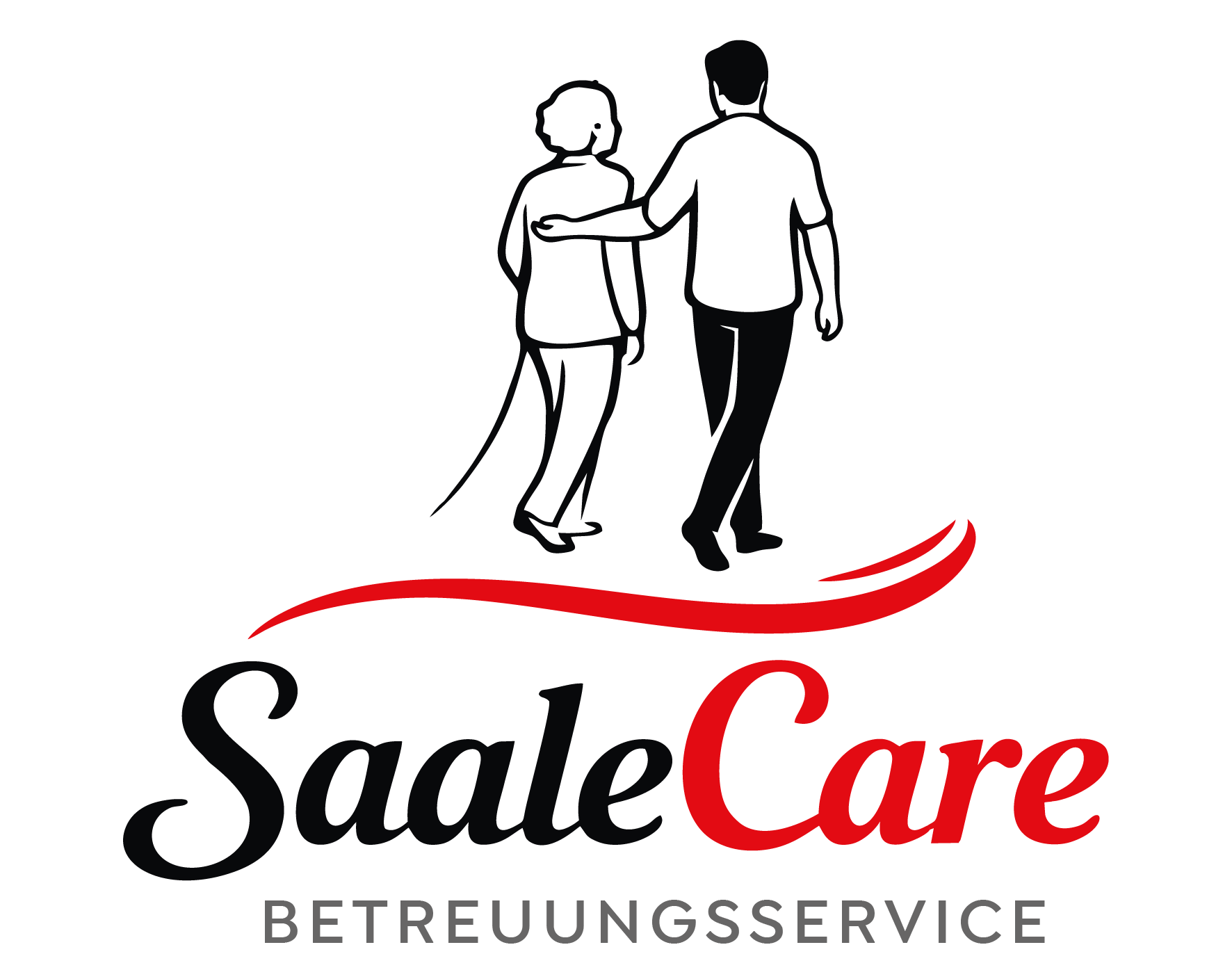 Ein Logo für eine Pflege- und Betreuungsservice-Firma namens Sale Care mit einer stilisierten schwarzen Silhouette eines Mannes und einer Frau, die sich an die Schulter fassen. Der Name 'Sale Care' ist in roten und schwarzen Buchstaben geschrieben, mit einem roten, geschwungenen Strich darunter. Darunter befindet sich der sächsische Slogan 'BETREUUNGSSERVICE' in Graufarbe.