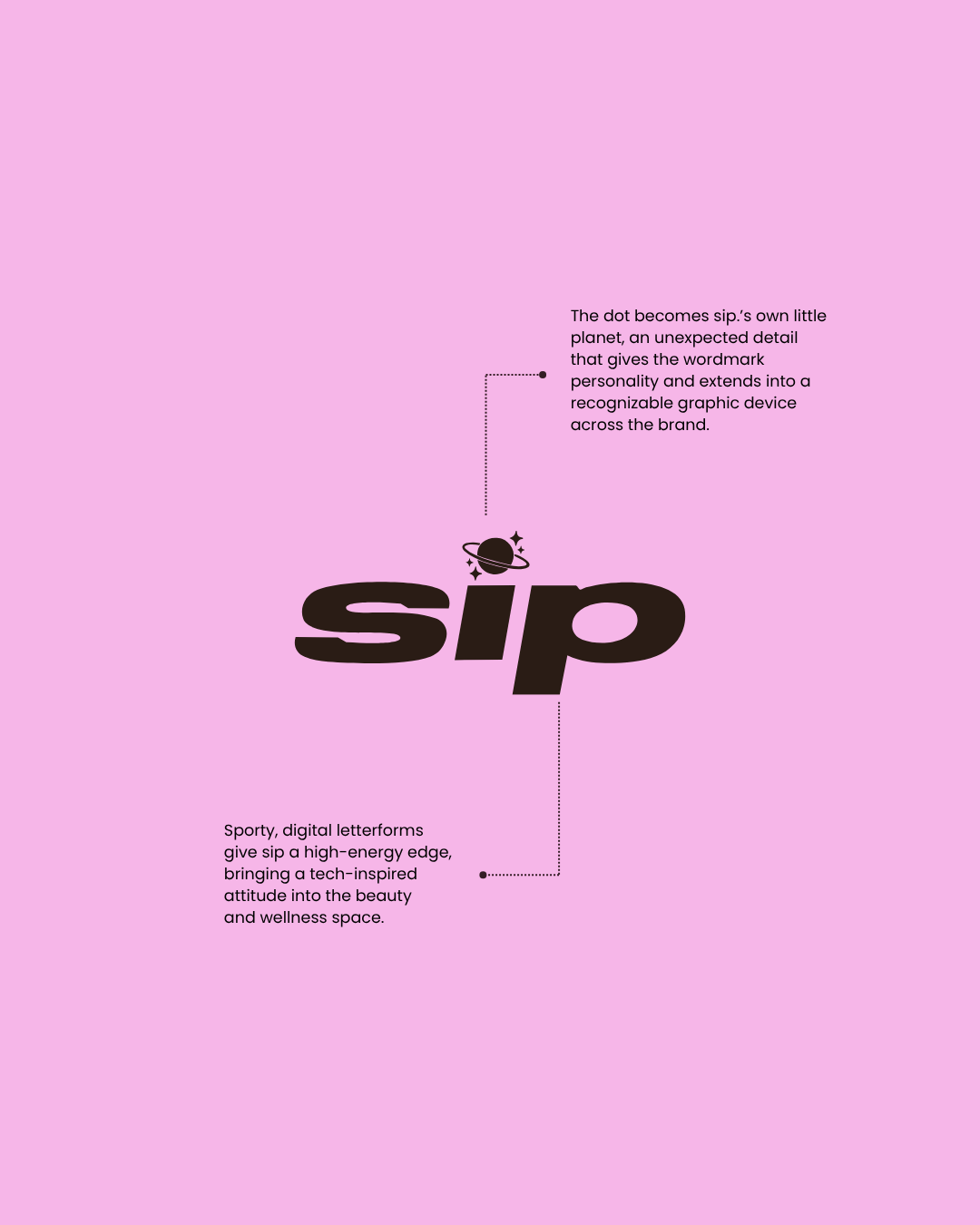 A pink background with the logo 'sip' in large black letters, featuring a small planet with rings above the letter 'i'. Accompanying text explains the logo's design elements, including a dot turning into a little planet and the sporty, digital letterforms that give 'sip' a high-energy, tech-inspired look.