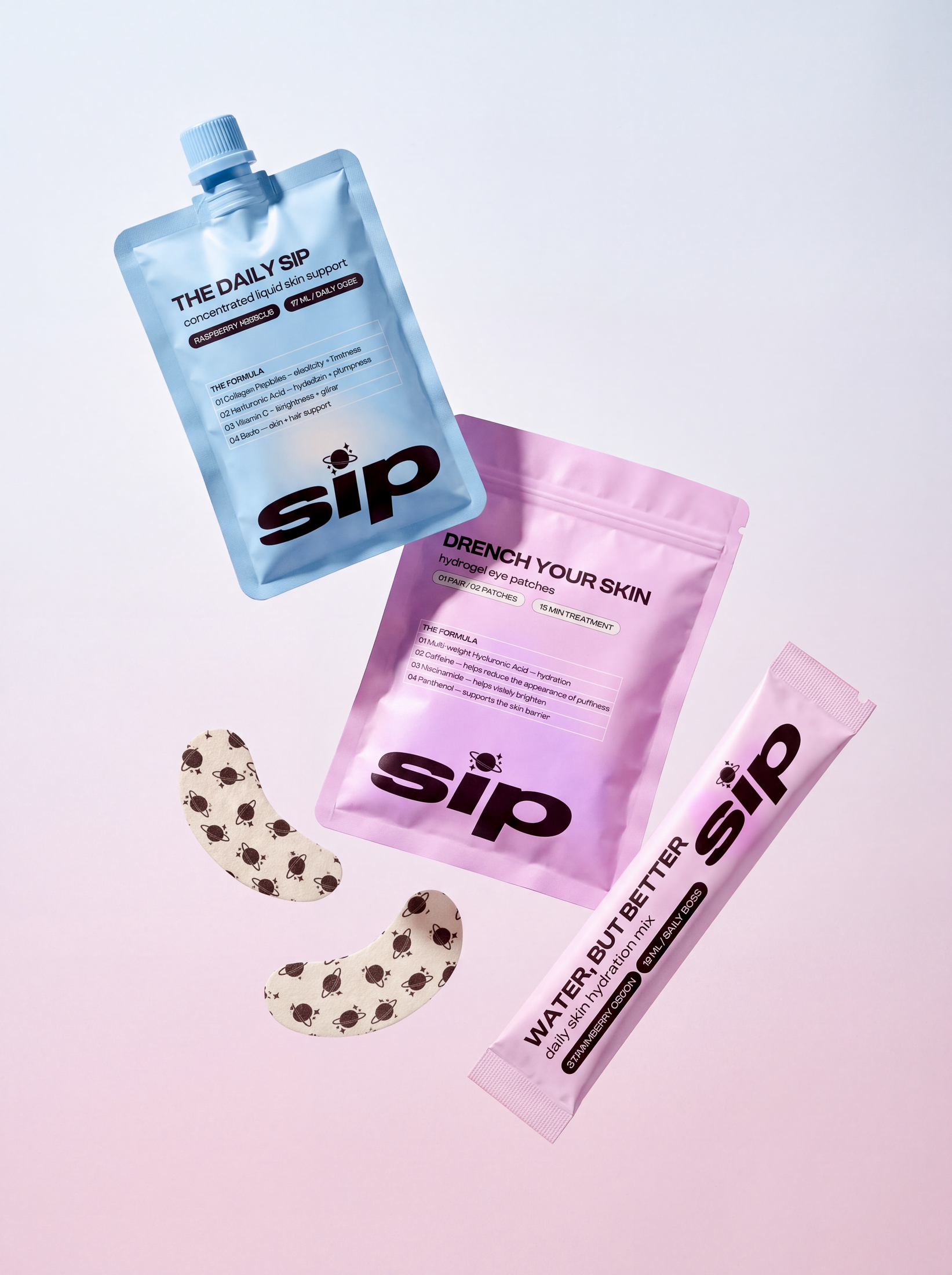 Blue splash-proof pouch labeled 'The Daily Sip' containing a liquid skin support, and pink pouch labeled 'Water But Better' with collagen hydration mix, placed next to cute patterned band-aids.