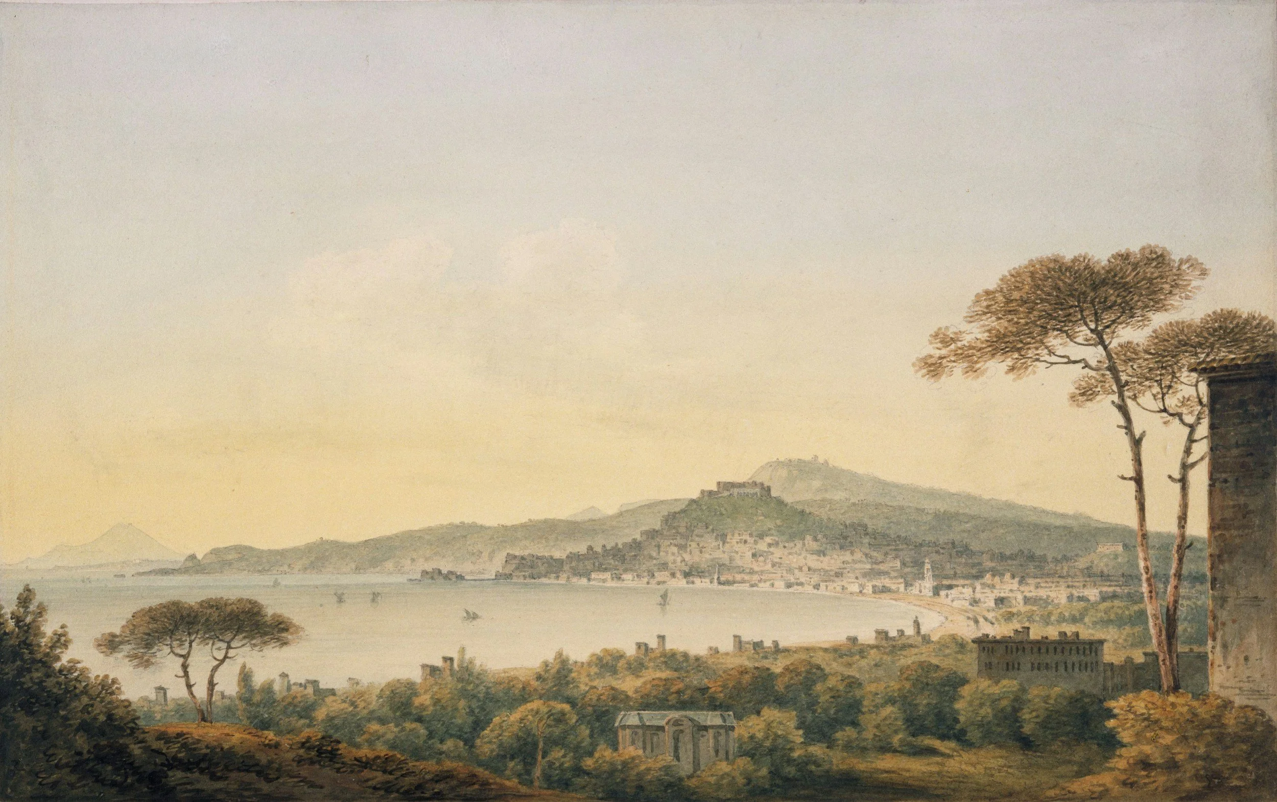 Paysage avec rivière, montagnes et arbres, au coucher du soleil.