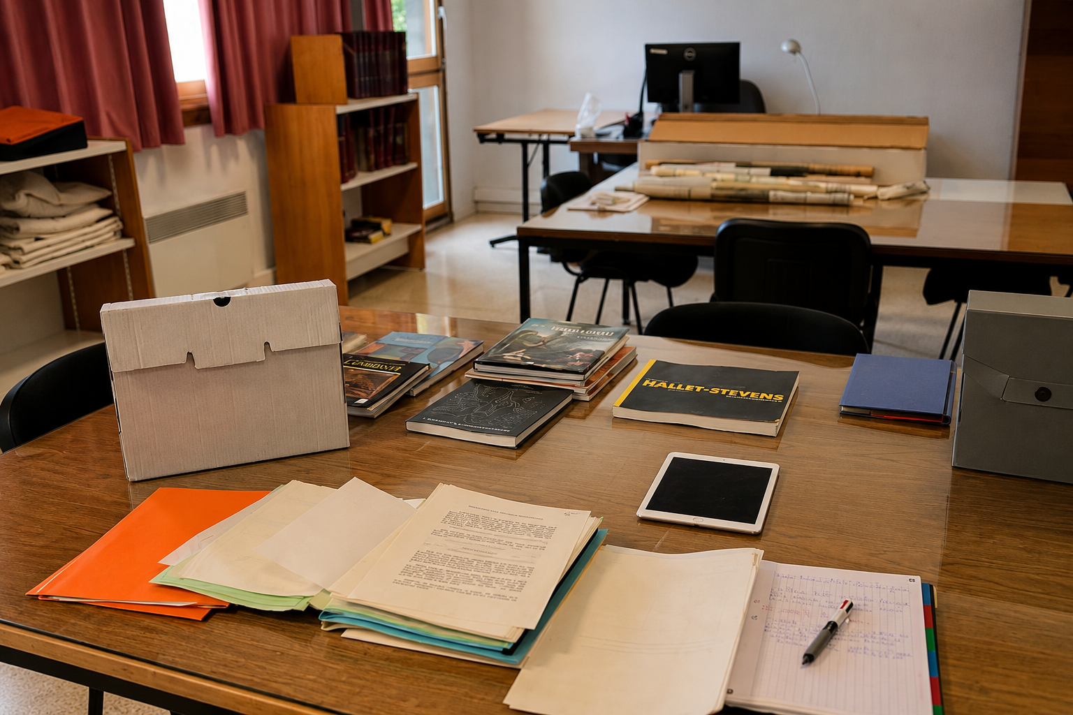 Table avec des livres, des papiers, une tablette, et des boîtes de rangement dans une salle de travail ou de bibliothèque.