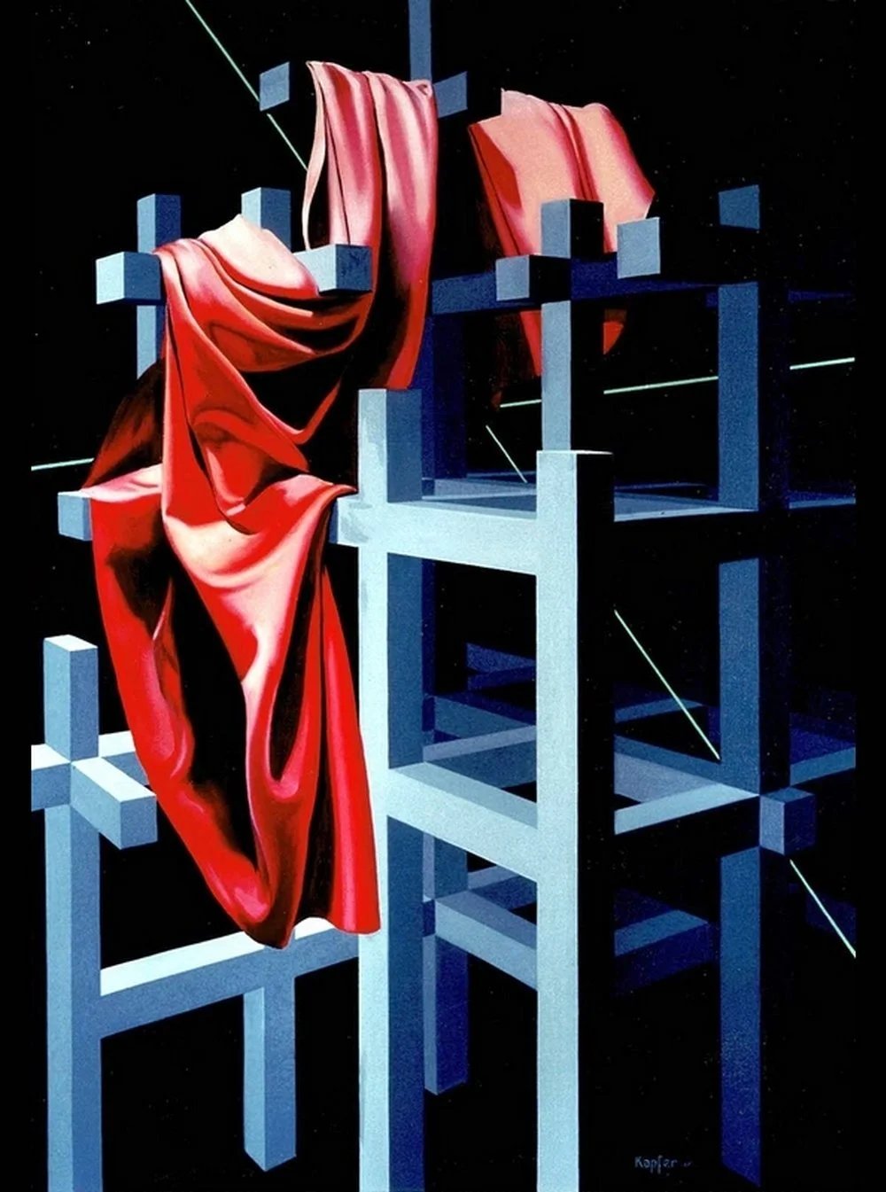 Une œuvre d'art représentant une structure géométrique bleue avec un tissu rouge suspendu dessus, dans un fond noir avec des lignes blanches parcourant la scène.