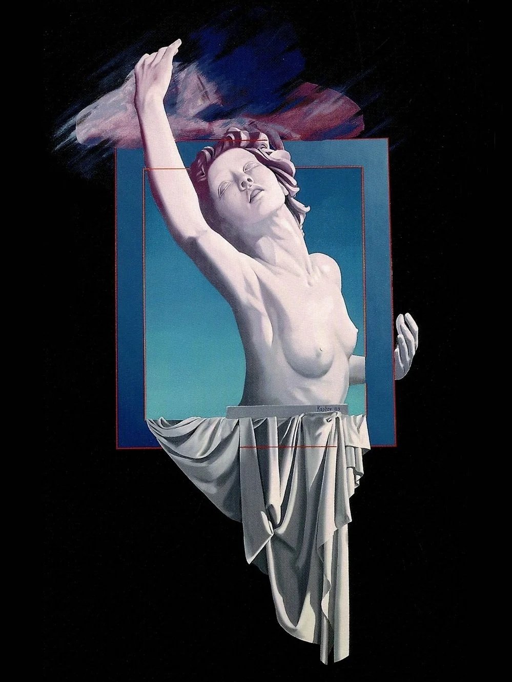 Une œuvre d'art représentant une sculpture de la Vierge Marie dans un style moderniste, avec une fusion d'éléments classiques et abstraits, sur un fond noir avec un fond de ciel bleu derrière la sculpture.
