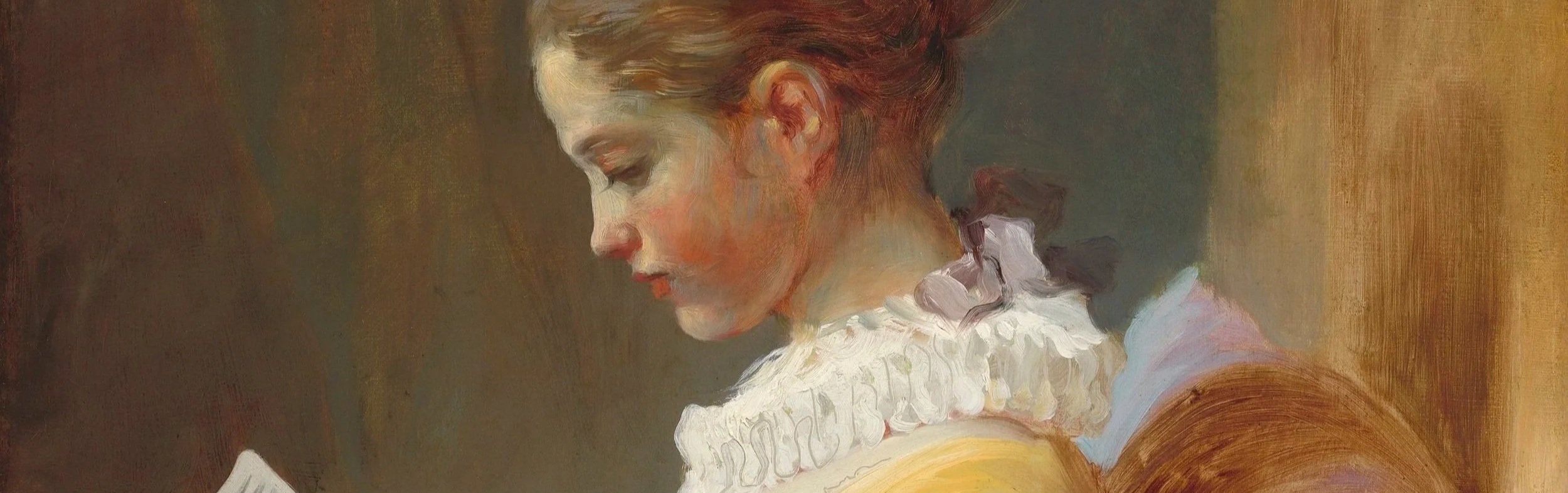 Peinture d'une jeune femme with short blonde hair, portant une robe jaune avec un col blanc, vue de profil.