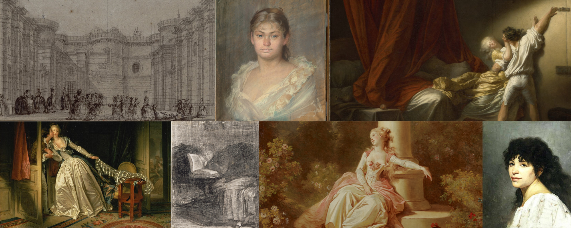 Une collection de plusieurs peintures et esquisses de portraits, incluant des femmes, des enfants, et des scènes artistiques dans différents styles et mediums.