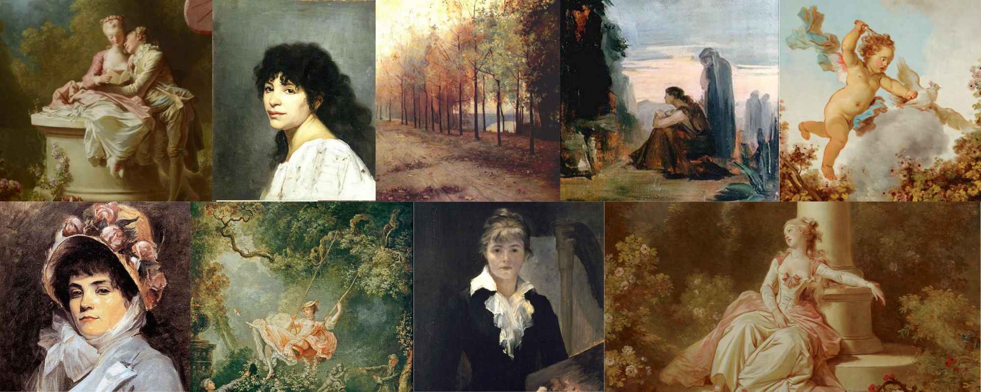 Collection de plusieurs portraits de femmes et d'enfants, ainsi que des paysages et des scènes artistiques, dans un style classique et impressionniste.