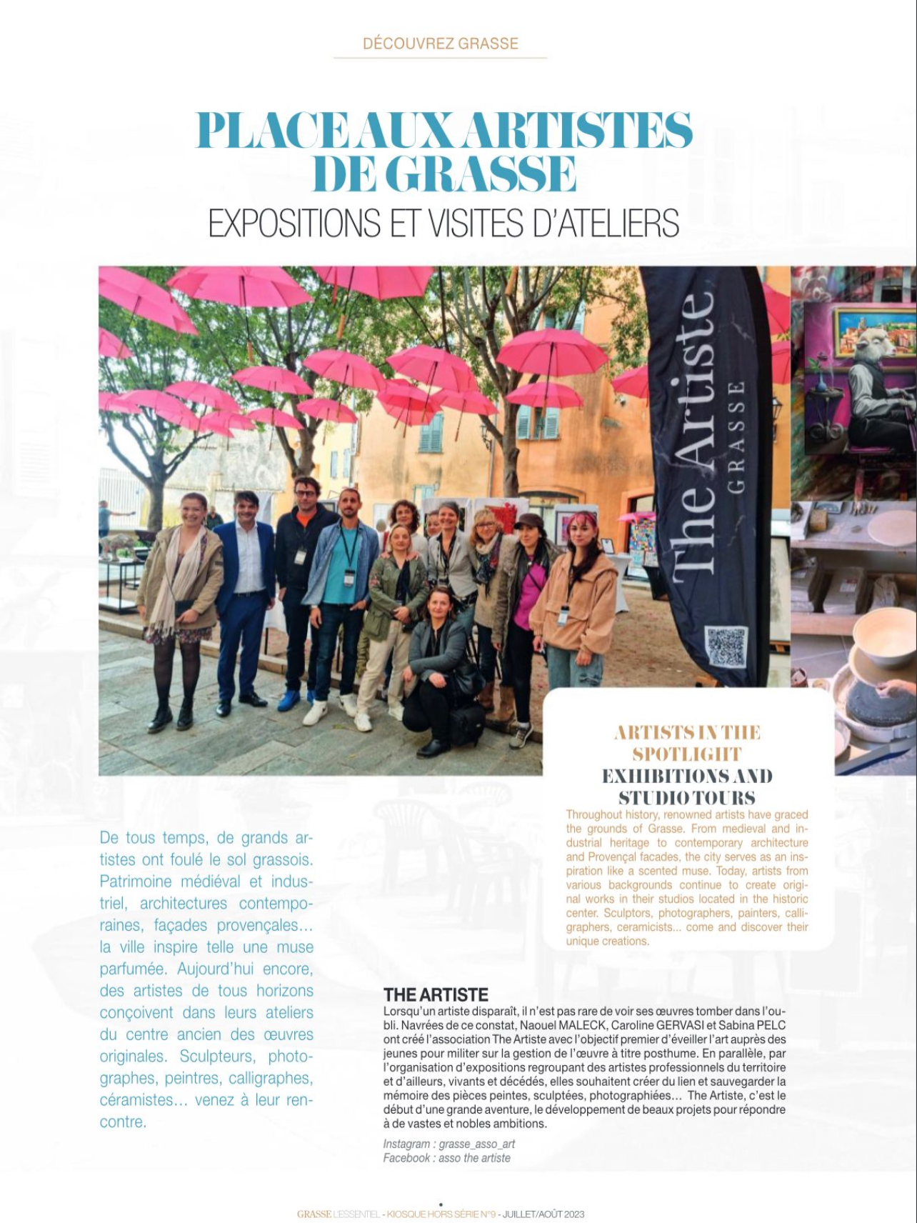 Groupe de personnes posant sous des parapluies roses suspendus à des arbres à l'extérieur, lors d'une exposition d'art à Grasse.