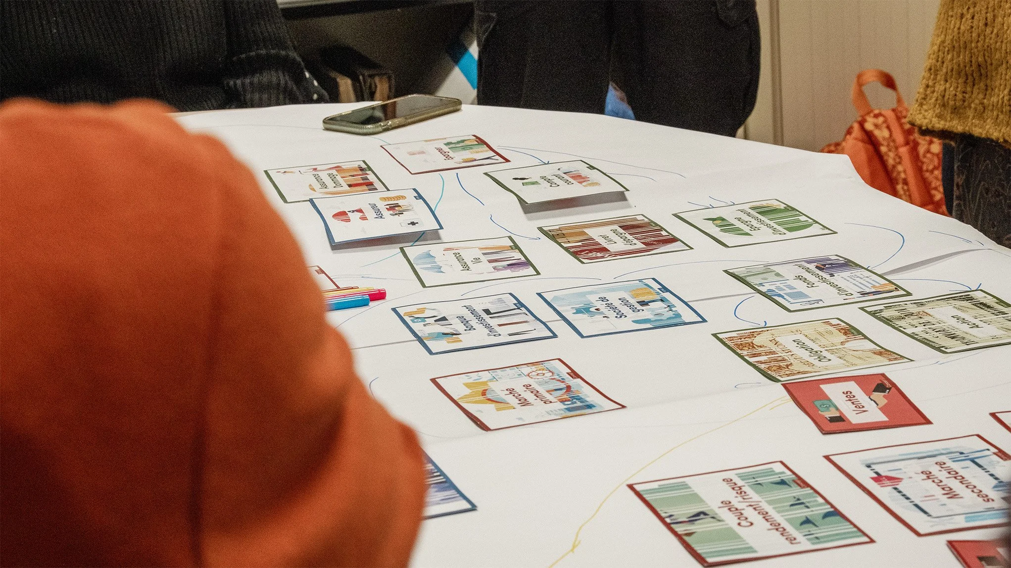 Groupe de personnes travaillant sur un tableau avec des cartes illustrées et du texte.