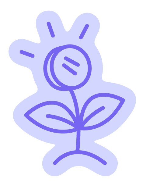 Illustration d'une fleur stylisée avec des pétales et une feuille, dessinée en lignes violettes sur un fond transparent.