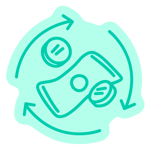Illustration de pièces de monnaie et d'une carte bancaire avec flèches circulaires indiquant des échanges ou des transferts d'argent.