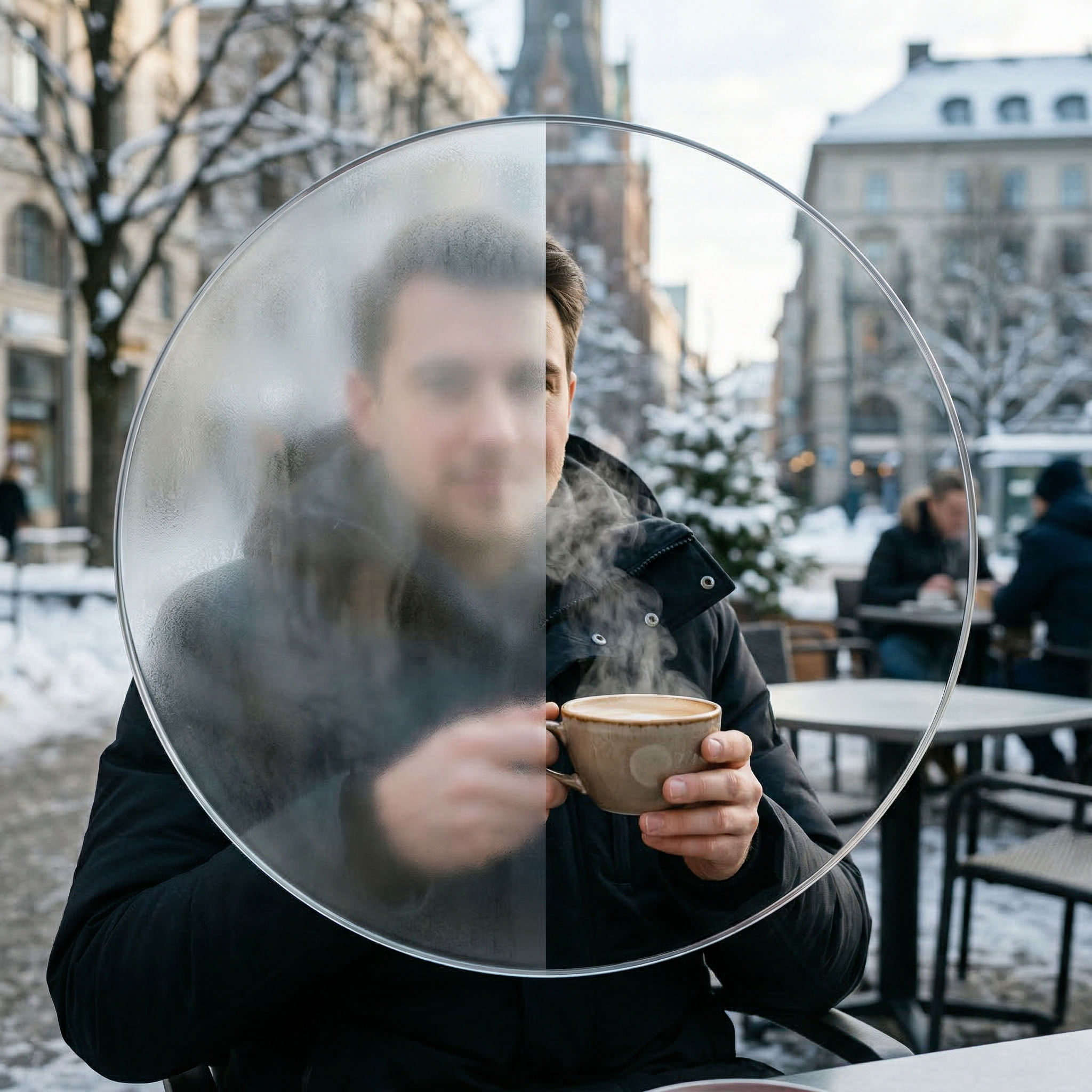 Person holding a cup of coffee in front of a foggy mirror on a cold winter day with snow on the ground and urban buildings in the background.