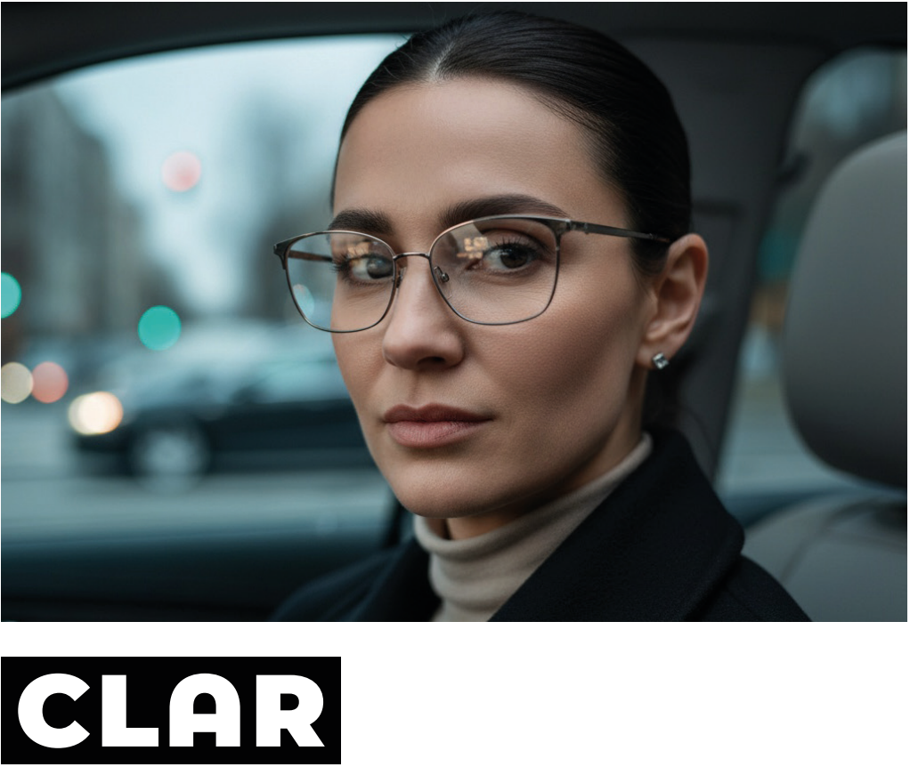 A woman with dark hair, glasses, and a serious expression sitting inside a car.