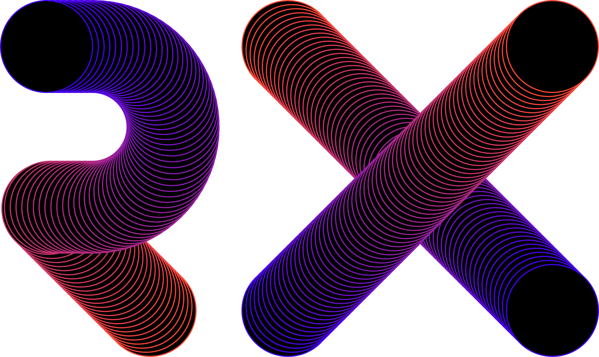 Abstract digital artwork of overlapping 3D tubes in purple, red, and blue with continuous line patterns, on a white background.
