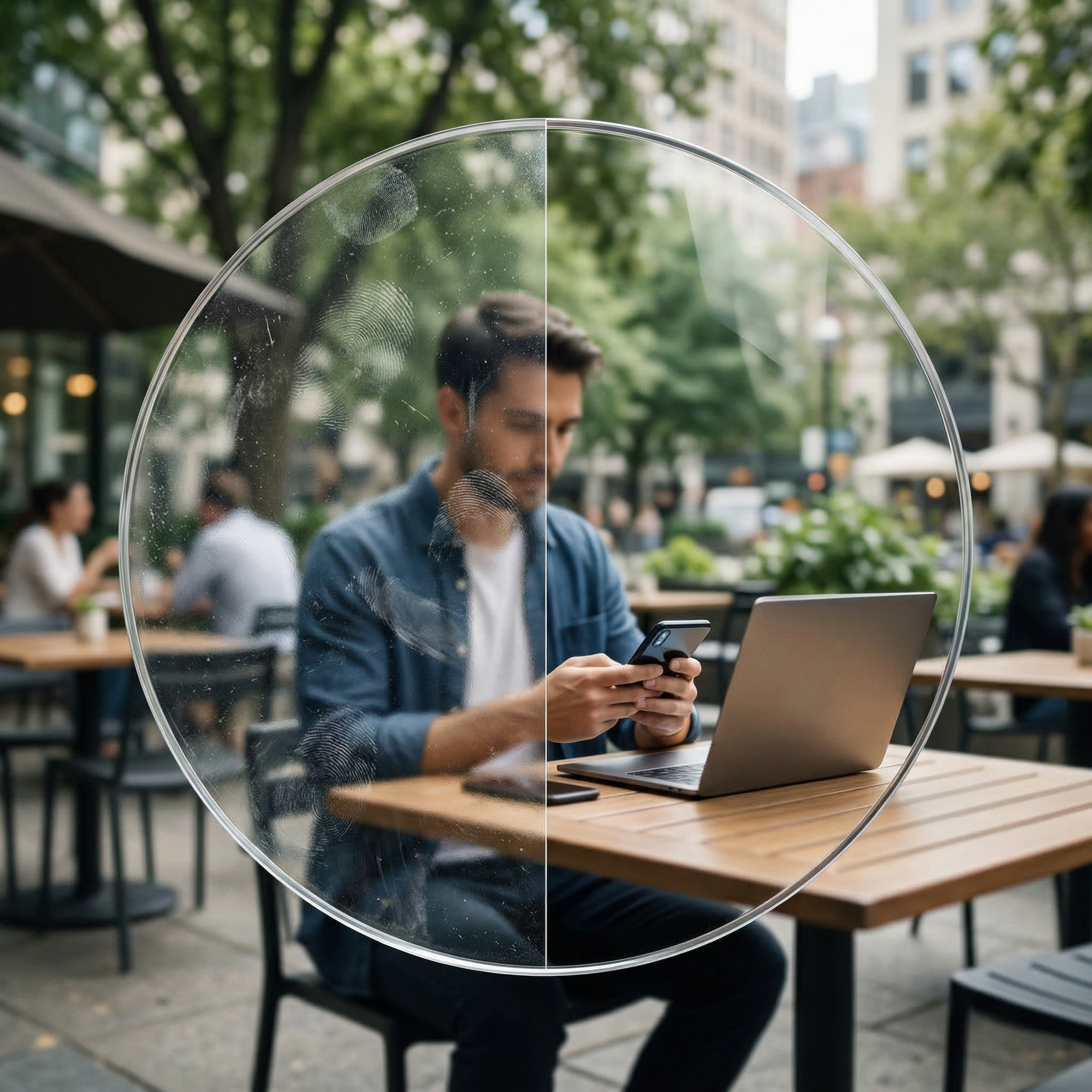 Close-up of a transparent partition with fingerprint smudges on it, placed on a wooden table in an outdoor cafe with people and trees in the background.