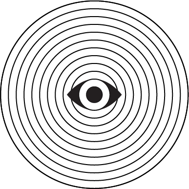 Black and white illustration of a human eye with a stylized eye design.