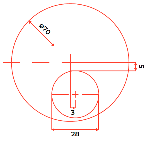 Technical drawing of two concentric circles with dimensions, including a large circle with a 70-unit diameter and a smaller circle with a 28-unit diameter, connected by perpendicular lines and marked with measurements.
