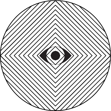 Black eye with a stylized eye logo in the center