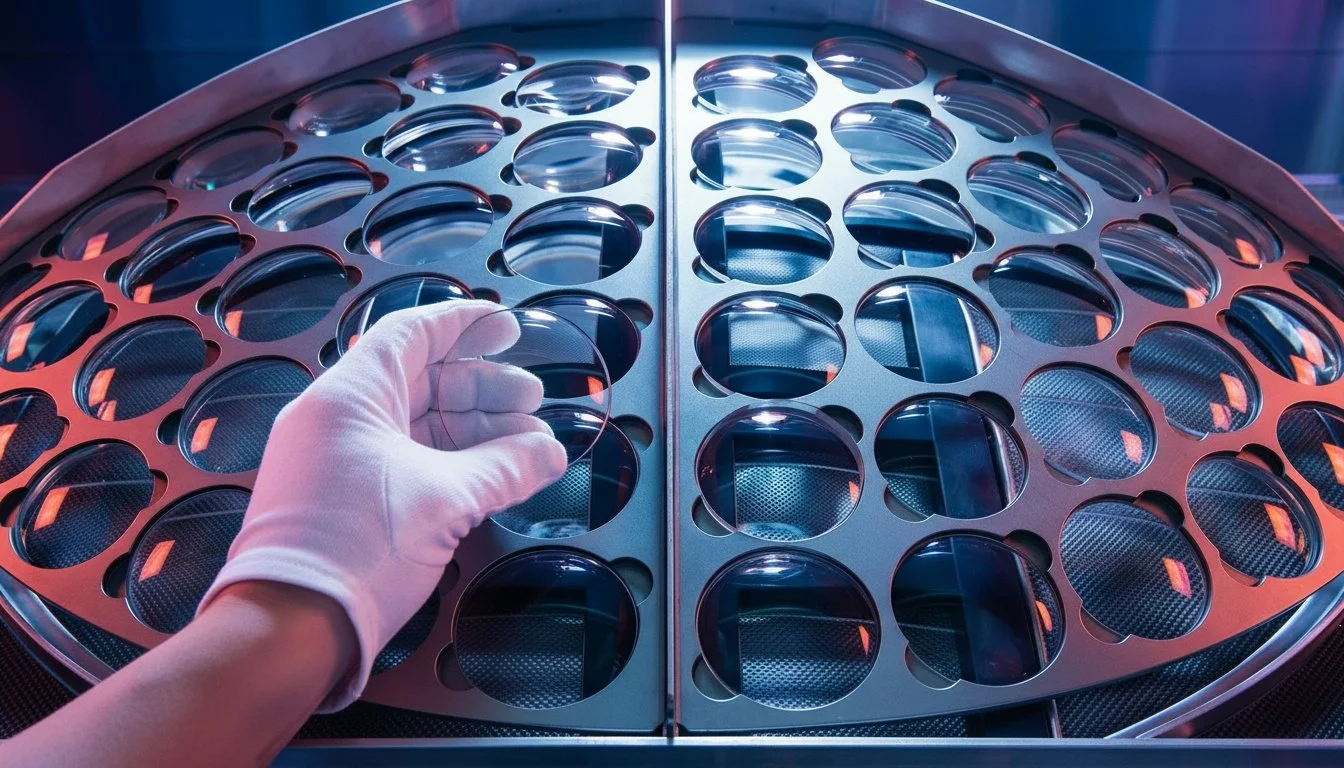 A person wearing a white glove placing a glass disc into a circular slot on a piece of machinery with multiple empty slots, in a high-tech lab environment.