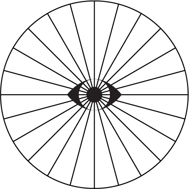 Black and white illustration of an eye with lines radiating from it, suggesting eye movement or focus.