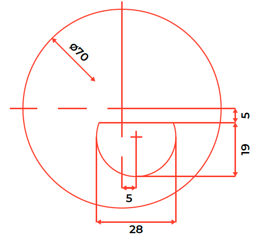 Technical drawing of a circle with a 70 mm diameter, including inner lines and measurements of 28 mm width and 19 mm height for a rectangular feature, with additional measurements of 5 mm and 5 mm for smaller features.