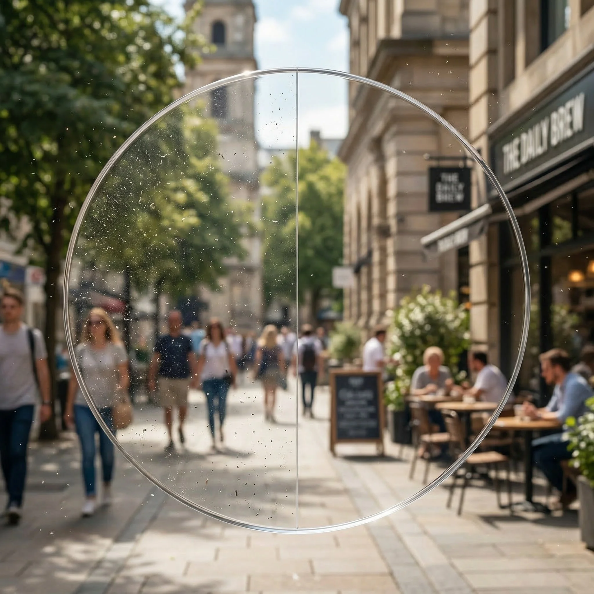 View of a city street scene through a curved glass panel with water droplets, with buildings, trees, and people walking in the background.