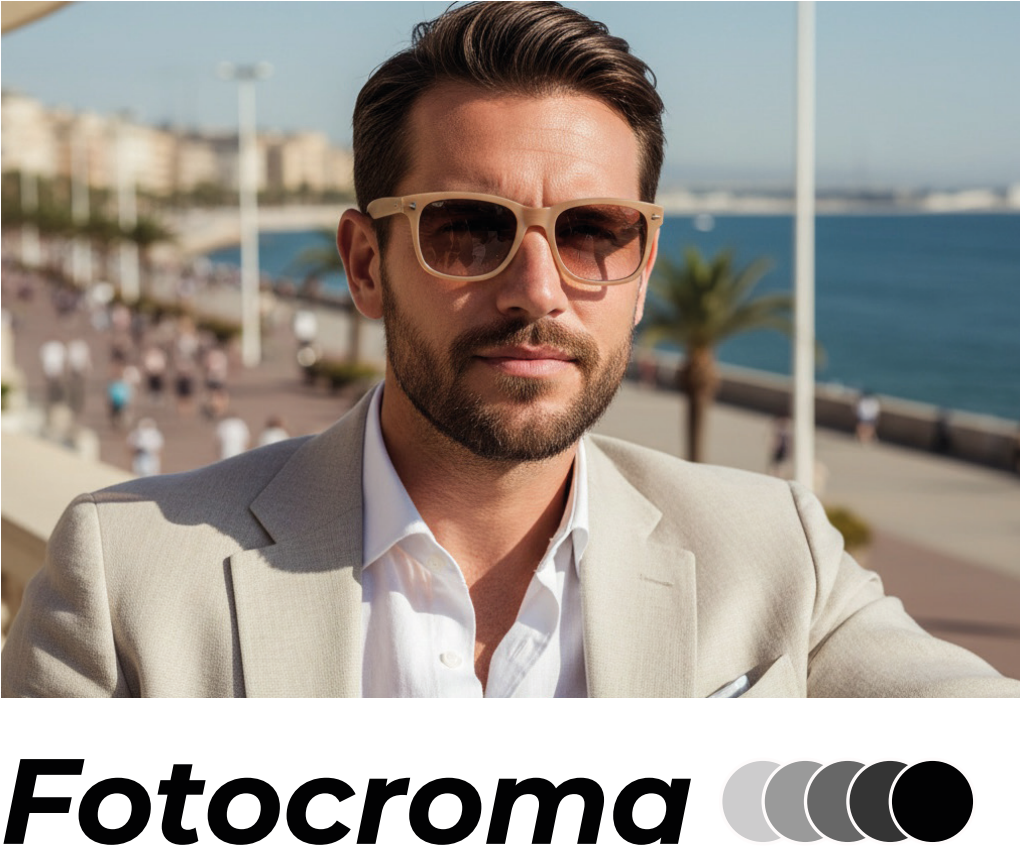 A man with dark hair and a beard wearing sunglasses and a beige blazer standing outdoors by the water with a cityscape and palm trees in the background.