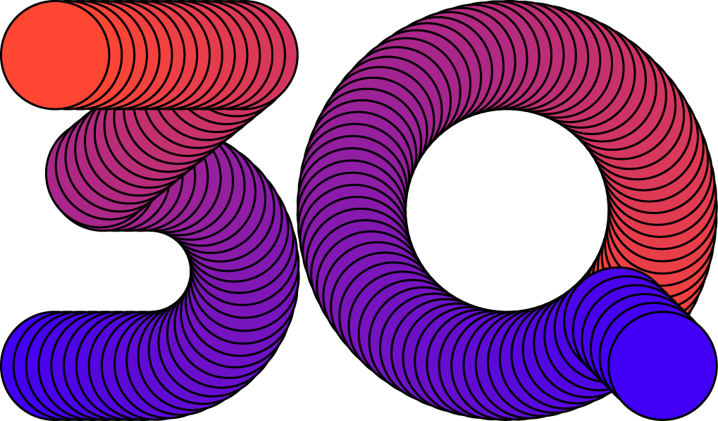 Colorful, striped number 30 in purple, red, and blue with a 3D illusion.