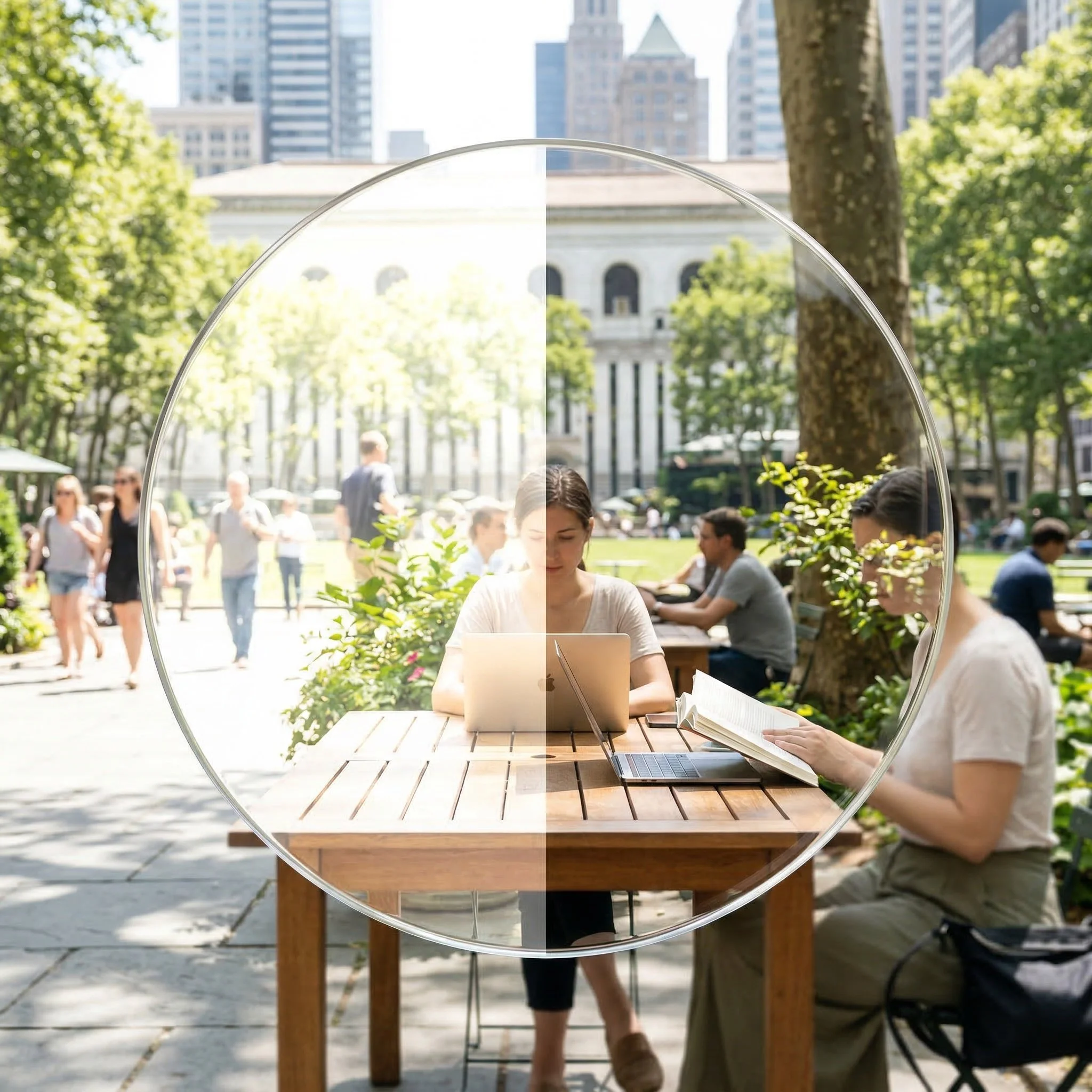 City park scene viewed through a circular mirror, reflecting people sitting at a table, with trees and tall buildings in the background.
