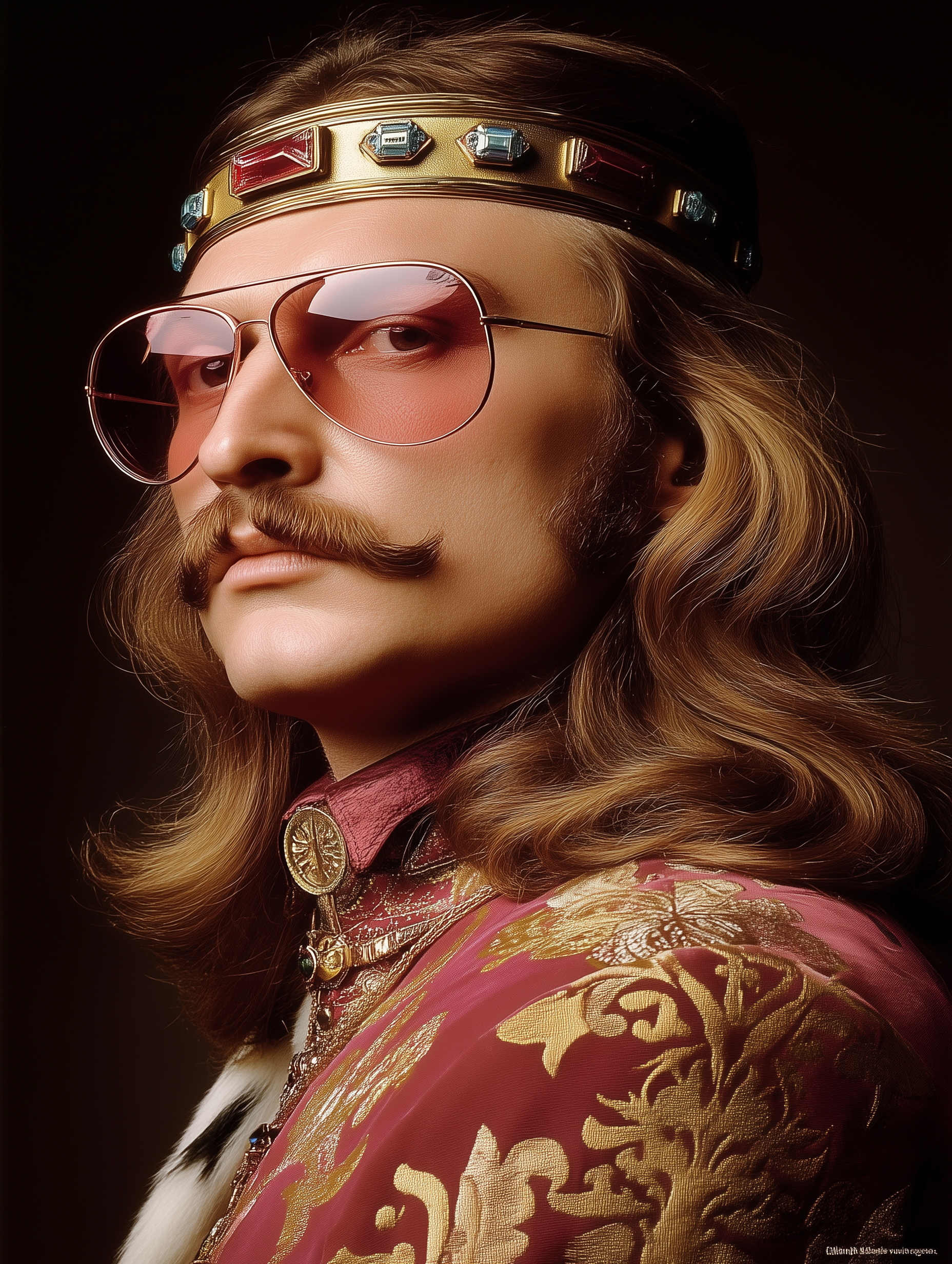 Close-up of a person wearing gold and red ornate clothing, pink-tinted sunglasses, a black headband with colorful jewels, and a styled mustache and beard, with long, wavy hair.