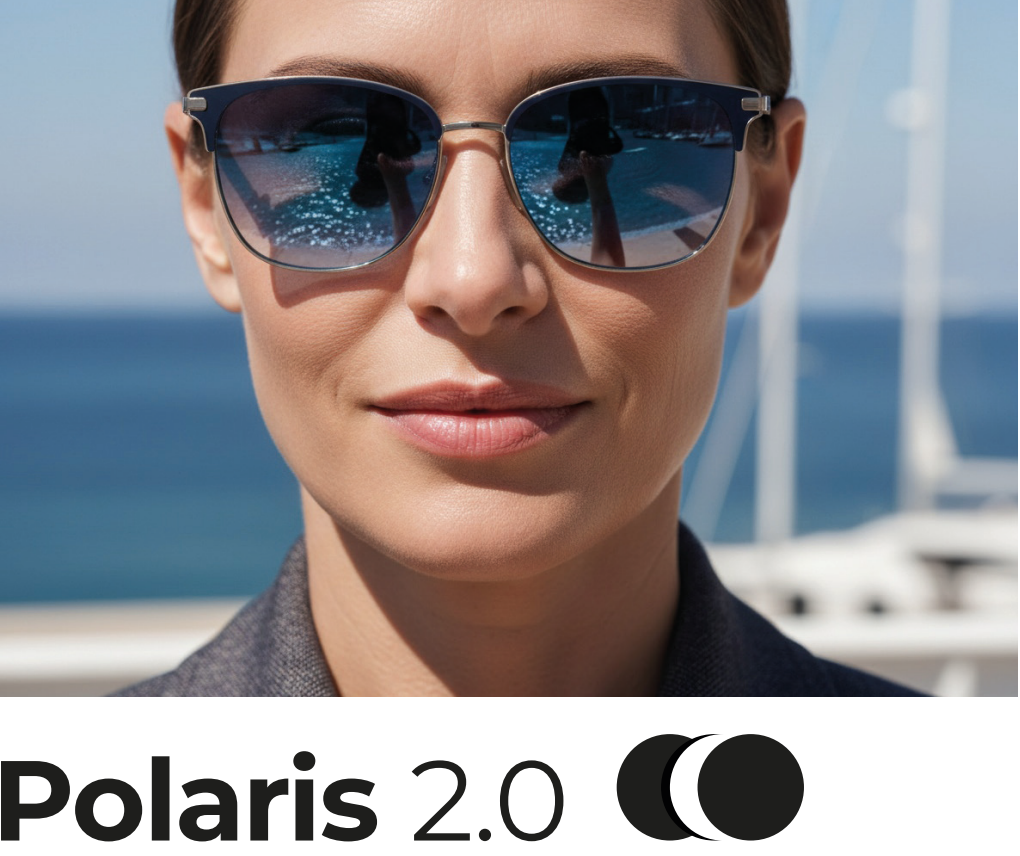 A woman wearing reflective sunglasses smiling, with a body of water and a marina with sailboats in the background, promoting Polaris 2.0 sunglasses.