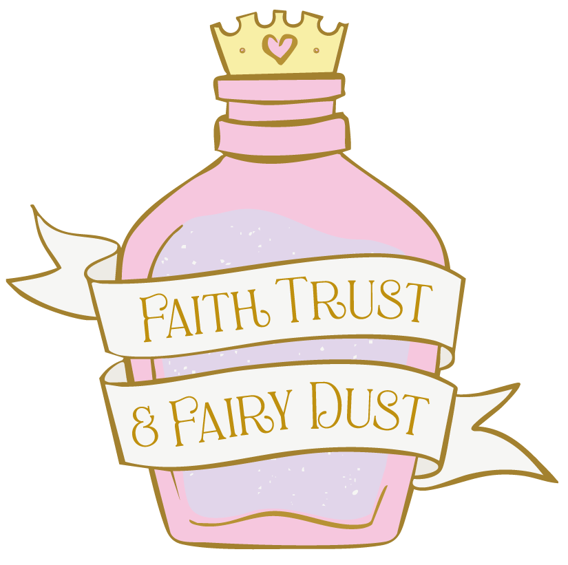 A pink spray bottle labeled "Faith Trust & Fairy Dust" with a gold crown on top and a white ribbon banner.