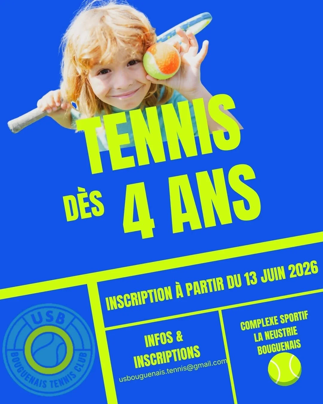 Et si vous inscriviez vos enfants au tennis l'ann&eacute;e prochaine ? Le club US Bouguenais propose des cours pour les enfants d&egrave;s 4 ans 🎾
Rendez-vous samedi 13 juin au forum des associations pour en parler... et pour s'inscrire !

@villedeb